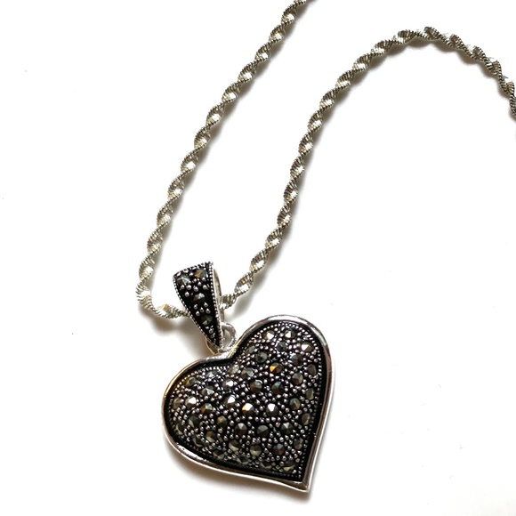 Sterling Silver Heart Shaped Marcasite Necklace - Picture 5 of 7